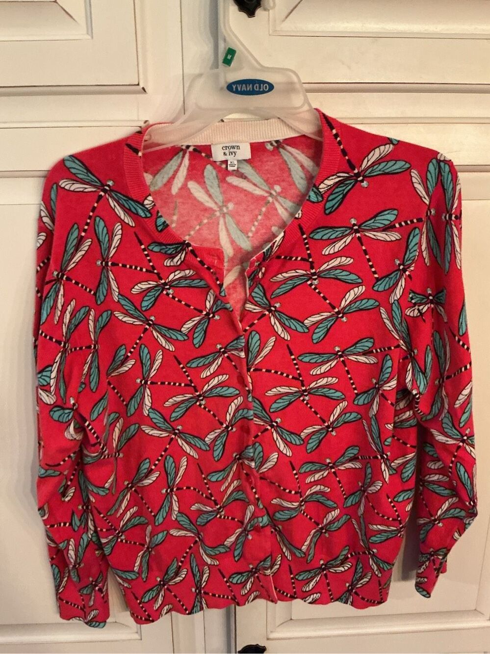 Crown & Ivy Vibrant Blue White Button Up Dragonfly Cardigan Sz XL